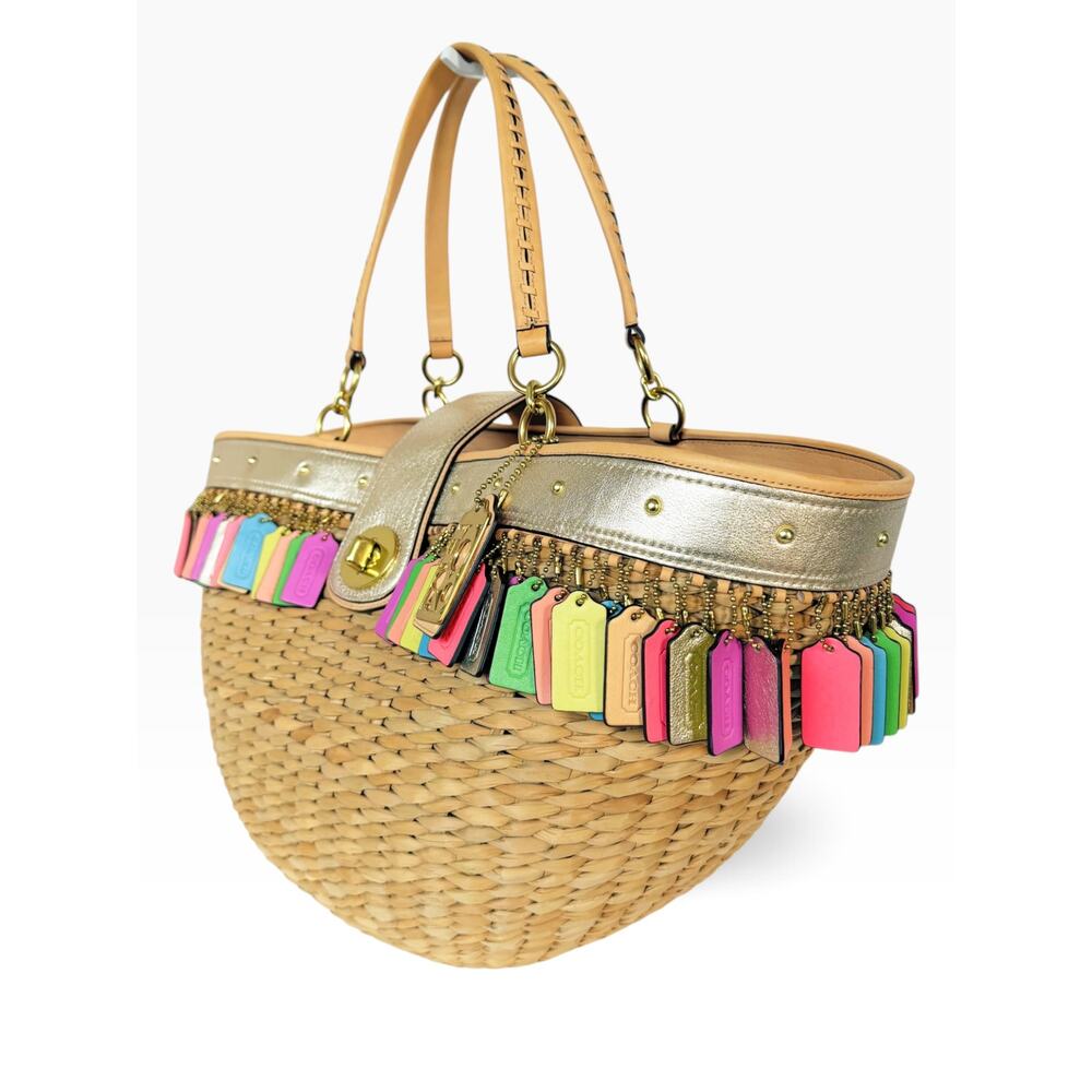 Coach Leather Hangtag Straw Basket Hamptons Weekend Tote Multicolor 70th Anniver - Picture 3 of 16